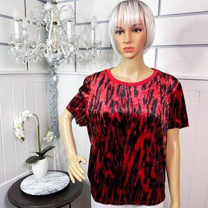 Rock and Republic Black & Red Leopard Short Sleeved Velour Top XL  Like New